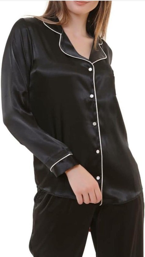 zwarte-pyjama-dames-200jmk-1.jpg Satijn Pyjama Dames Zwarte nachtkleding set met lange mouwen Maat S | bol - Afbeelding 1